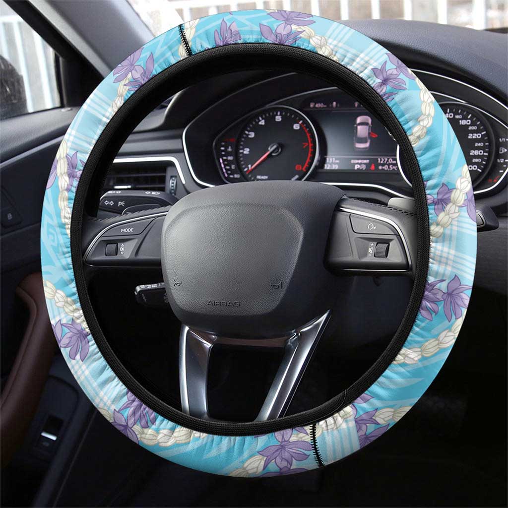 Blue Hawaii Palaka Honohono Pikake Steering Wheel Cover Hawaiian Orchid Lei Polynesian Pattern - Polynesian Pride