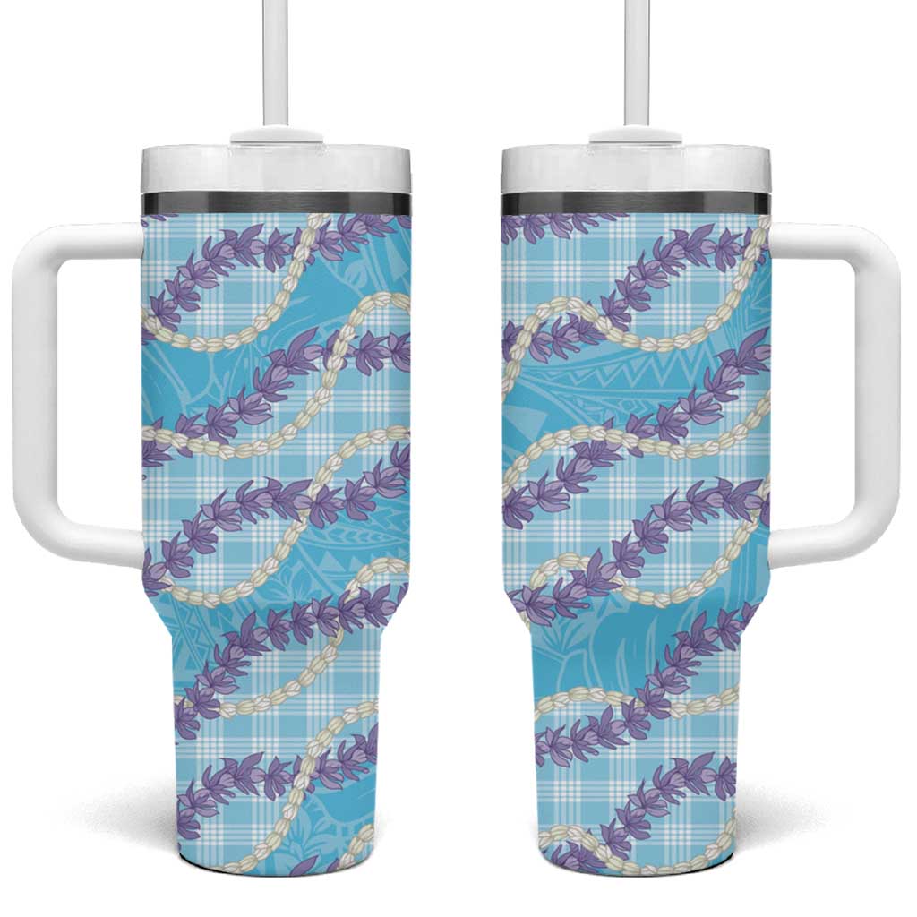 Blue Hawaii Palaka Honohono Pikake Tumbler With Handle Hawaiian Orchid Lei Polynesian Pattern - Polynesian Pride