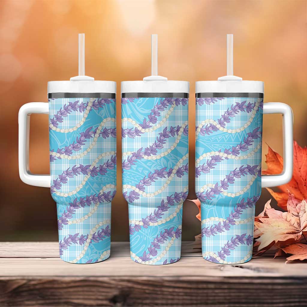 Blue Hawaii Palaka Honohono Pikake Tumbler With Handle Hawaiian Orchid Lei Polynesian Pattern - Polynesian Pride