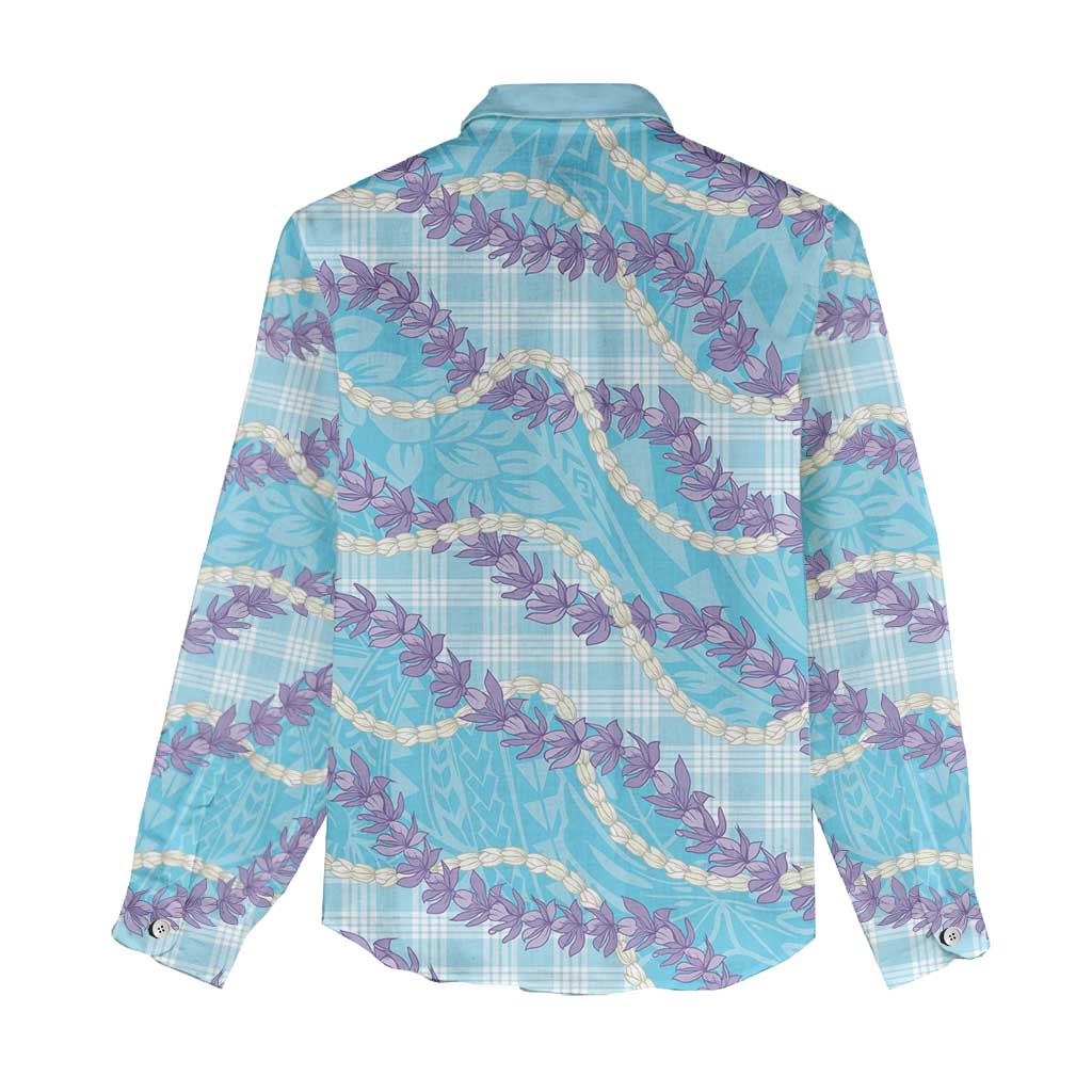 Blue Hawaii Palaka Honohono Pikake Women Casual Shirt Hawaiian Orchid Lei Polynesian Pattern - Polynesian Pride