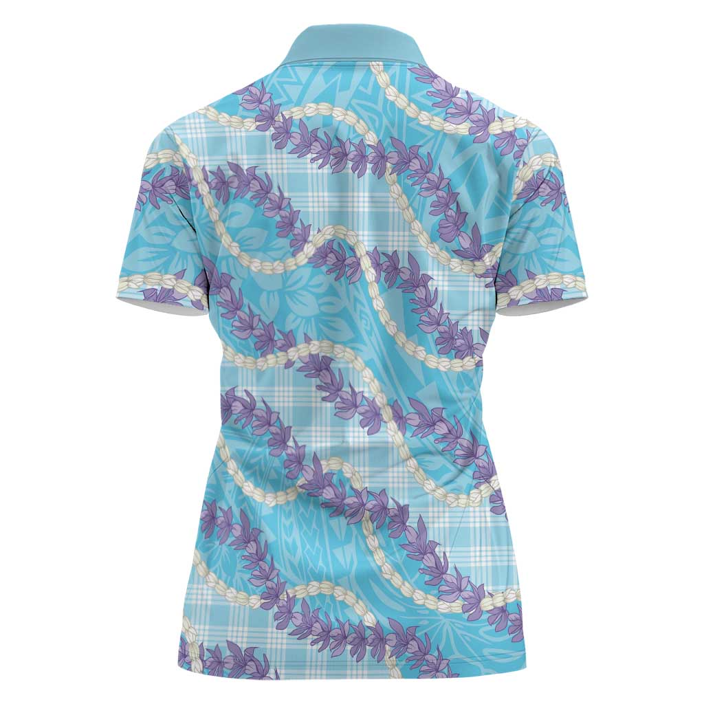 Blue Hawaii Palaka Honohono Pikake Women Polo Shirt Hawaiian Orchid Lei Polynesian Pattern - Polynesian Pride