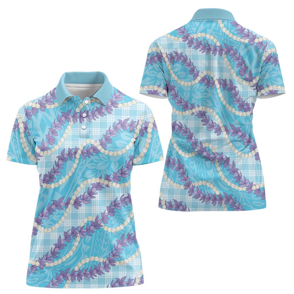 Blue Hawaii Palaka Honohono Pikake Women Polo Shirt Hawaiian Orchid Lei Polynesian Pattern - Polynesian Pride