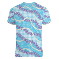 Blue Hawaii Palaka Honohono Pikake Women V-Neck T-Shirt Hawaiian Orchid Lei Polynesian Pattern - Polynesian Pride