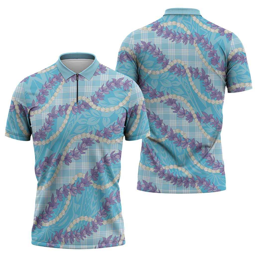 Blue Hawaii Palaka Honohono Pikake Zipper Polo Shirt Hawaiian Orchid Lei Polynesian Pattern - Polynesian Pride