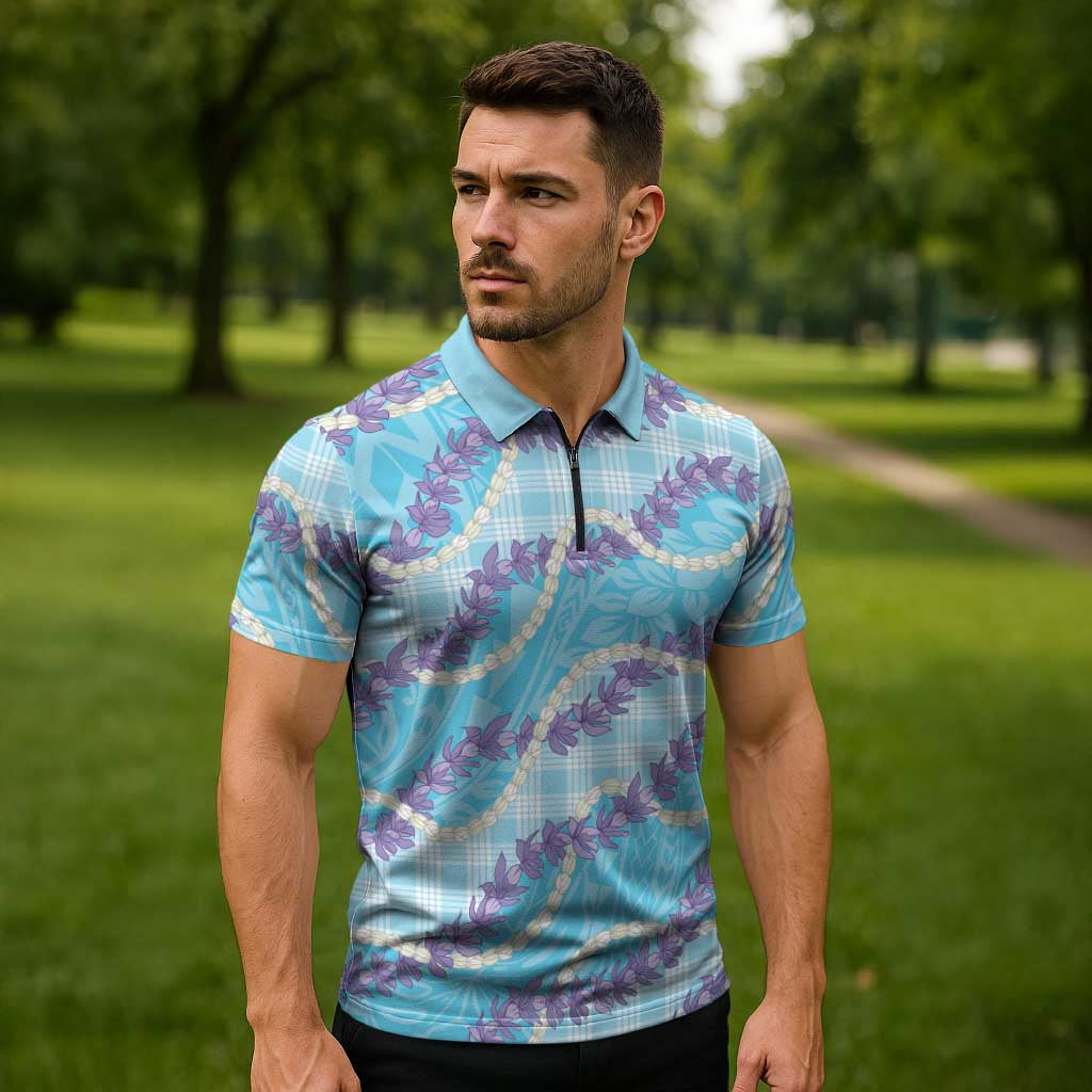 Blue Hawaii Palaka Honohono Pikake Zipper Polo Shirt Hawaiian Orchid Lei Polynesian Pattern - Polynesian Pride