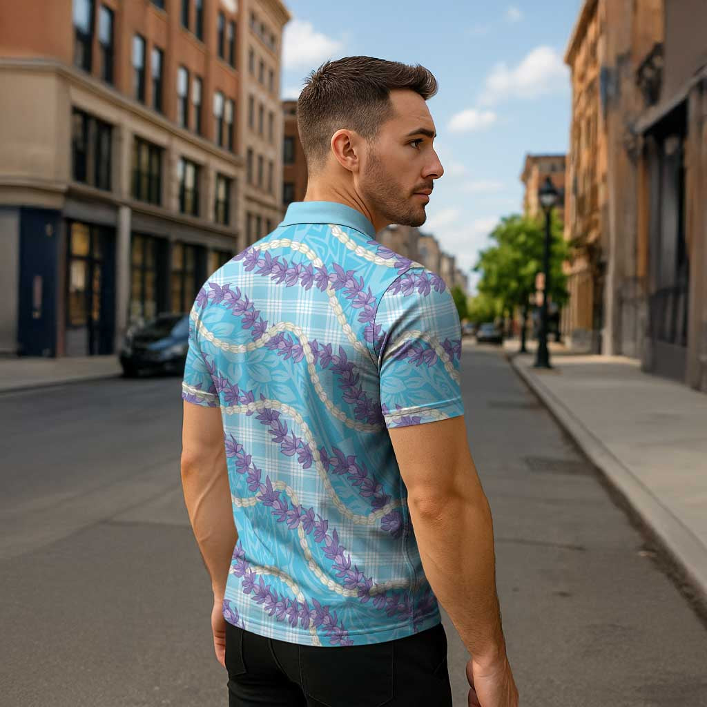 Blue Hawaii Palaka Honohono Pikake Zipper Polo Shirt Hawaiian Orchid Lei Polynesian Pattern - Polynesian Pride