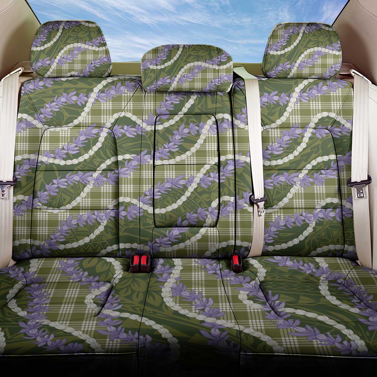 Green Hawaii Palaka Honohono Pikake Back Car Seat Cover Hawaiian Orchid Lei Polynesian Pattern - Polynesian Pride