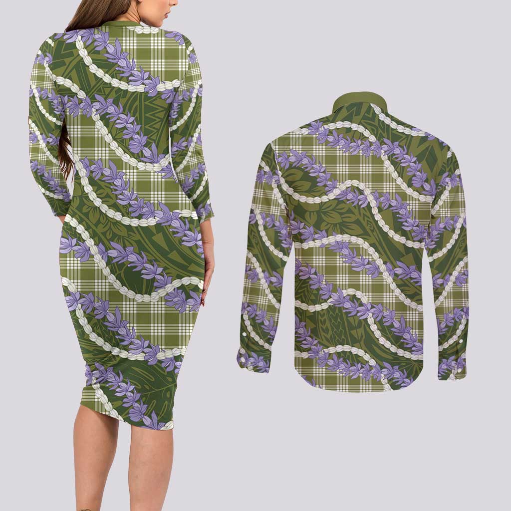 Green Hawaii Palaka Honohono Pikake Couples Matching Long Sleeve Bodycon Dress and Long Sleeve Button Shirt Hawaiian Orchid Lei Polynesian Pattern - Polynesian Pride
