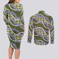 Green Hawaii Palaka Honohono Pikake Couples Matching Long Sleeve Bodycon Dress and Long Sleeve Button Shirt Hawaiian Orchid Lei Polynesian Pattern - Polynesian Pride