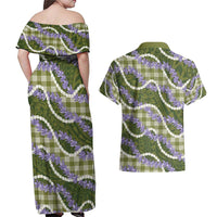 Green Hawaii Palaka Honohono Pikake Couples Matching Off Shoulder Maxi Dress and Hawaiian Shirt Hawaiian Orchid Lei Polynesian Pattern - Polynesian Pride