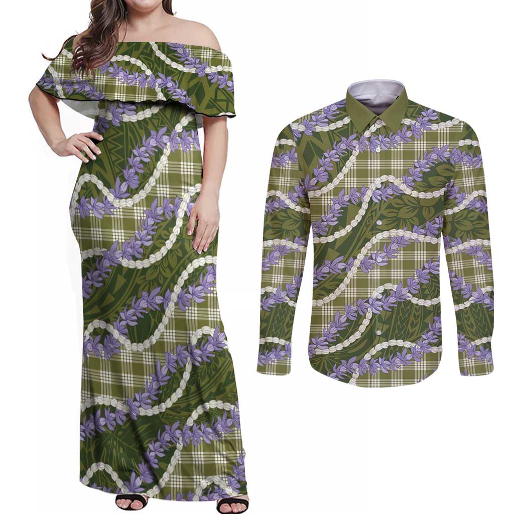 Green Hawaii Palaka Honohono Pikake Couples Matching Off Shoulder Maxi Dress and Long Sleeve Button Shirt Hawaiian Orchid Lei Polynesian Pattern - Polynesian Pride