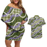 Green Hawaii Palaka Honohono Pikake Couples Matching Off Shoulder Short Dress and Hawaiian Shirt Hawaiian Orchid Lei Polynesian Pattern - Polynesian Pride