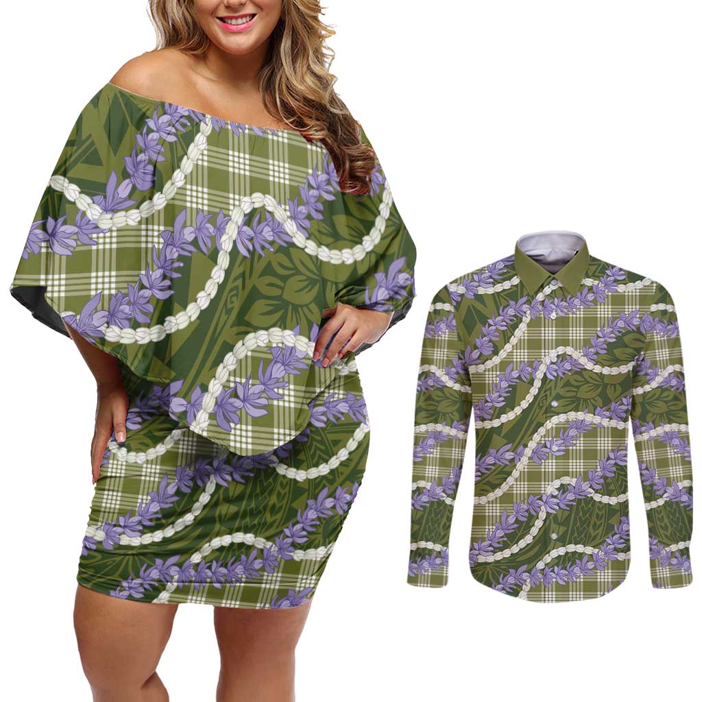 Green Hawaii Palaka Honohono Pikake Couples Matching Off Shoulder Short Dress and Long Sleeve Button Shirt Hawaiian Orchid Lei Polynesian Pattern LT14 Green - Polynesian Pride