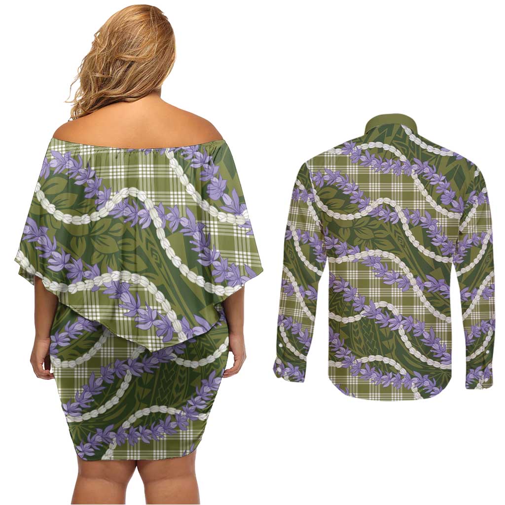 Green Hawaii Palaka Honohono Pikake Couples Matching Off Shoulder Short Dress and Long Sleeve Button Shirt Hawaiian Orchid Lei Polynesian Pattern LT14 - Polynesian Pride