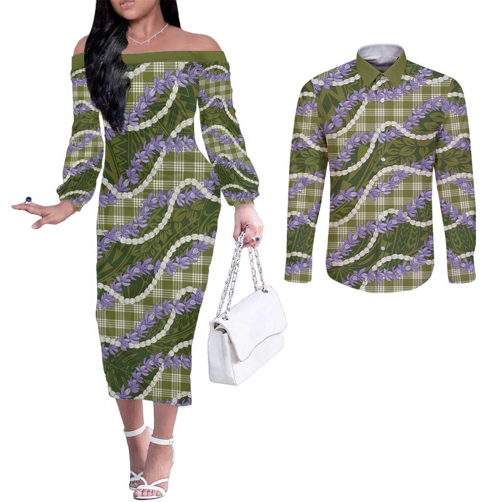 Green Hawaii Palaka Honohono Pikake Couples Matching Off The Shoulder Long Sleeve Dress and Long Sleeve Button Shirt Hawaiian Orchid Lei Polynesian Pattern - Polynesian Pride