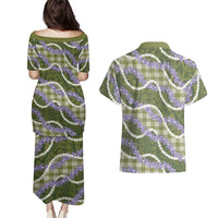 Green Hawaii Palaka Honohono Pikake Couples Matching Puletasi and Hawaiian Shirt Hawaiian Orchid Lei Polynesian Pattern - Polynesian Pride
