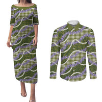 Green Hawaii Palaka Honohono Pikake Couples Matching Puletasi and Long Sleeve Button Shirt Hawaiian Orchid Lei Polynesian Pattern - Polynesian Pride