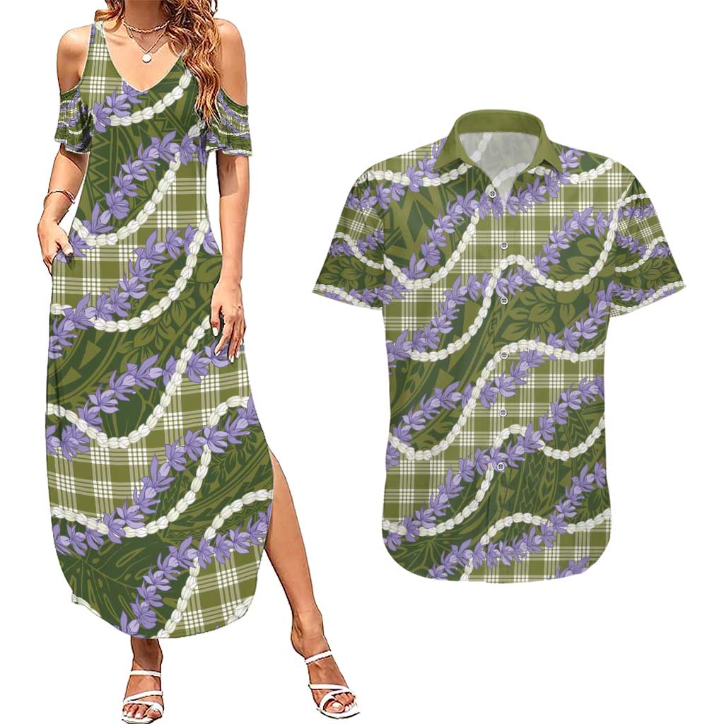 Green Hawaii Palaka Honohono Pikake Couples Matching Summer Maxi Dress and Hawaiian Shirt Hawaiian Orchid Lei Polynesian Pattern - Polynesian Pride
