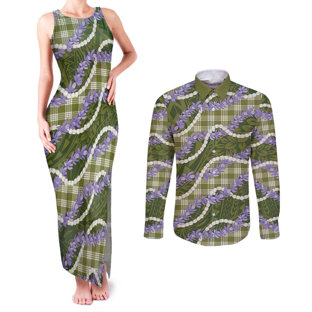 Green Hawaii Palaka Honohono Pikake Couples Matching Tank Maxi Dress and Long Sleeve Button Shirt Hawaiian Orchid Lei Polynesian Pattern LT14 Green - Polynesian Pride