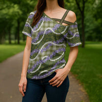 Green Hawaii Palaka Honohono Pikake Cross Shoulder Shirt Hawaiian Orchid Lei Polynesian Pattern - Polynesian Pride