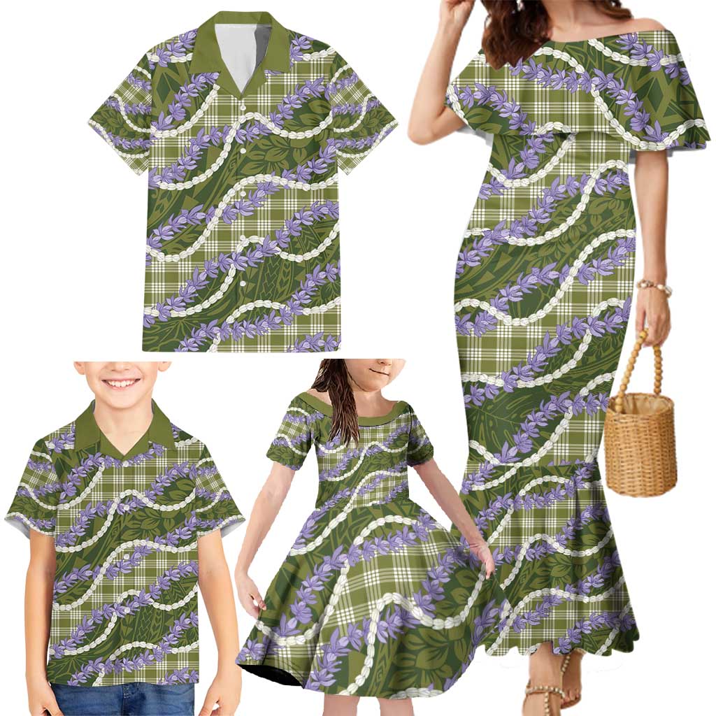 Green Hawaii Palaka Honohono Pikake Family Matching Mermaid Dress and Hawaiian Shirt Hawaiian Orchid Lei Polynesian Pattern - Polynesian Pride
