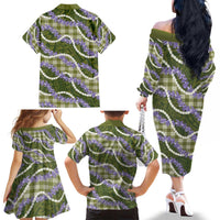 Green Hawaii Palaka Honohono Pikake Family Matching Off The Shoulder Long Sleeve Dress and Hawaiian Shirt Hawaiian Orchid Lei Polynesian Pattern - Polynesian Pride