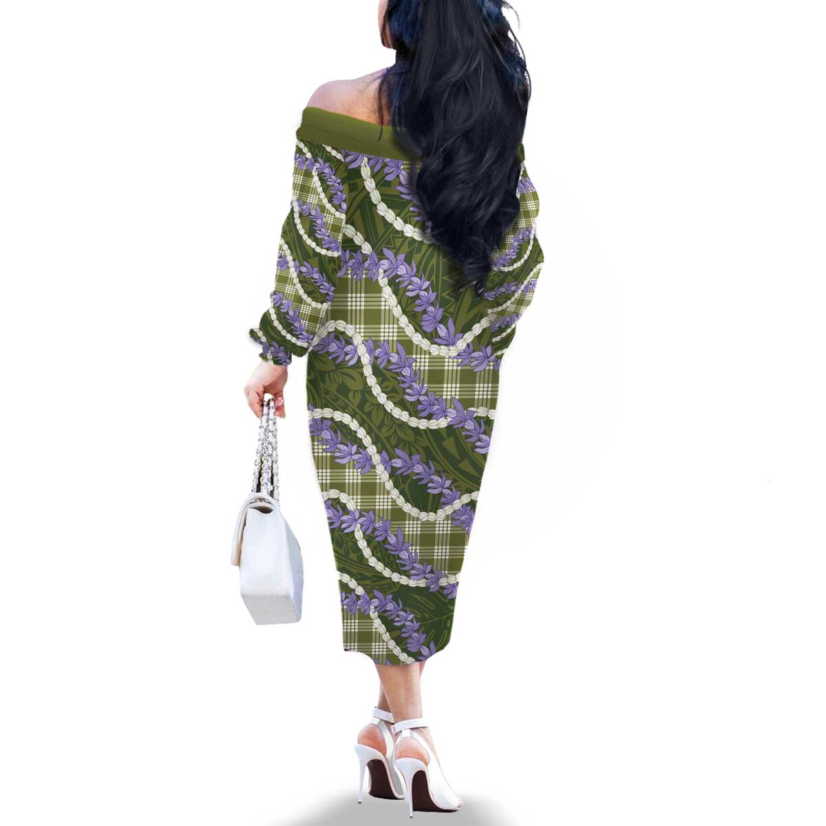 Green Hawaii Palaka Honohono Pikake Family Matching Off The Shoulder Long Sleeve Dress and Hawaiian Shirt Hawaiian Orchid Lei Polynesian Pattern - Polynesian Pride