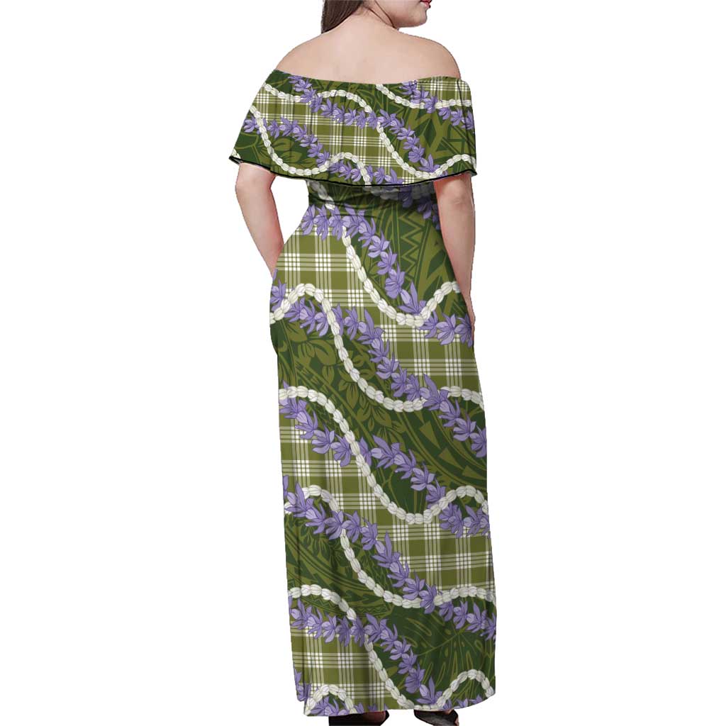 Green Hawaii Palaka Honohono Pikake Family Matching Off Shoulder Maxi Dress and Hawaiian Shirt Hawaiian Orchid Lei Polynesian Pattern - Polynesian Pride