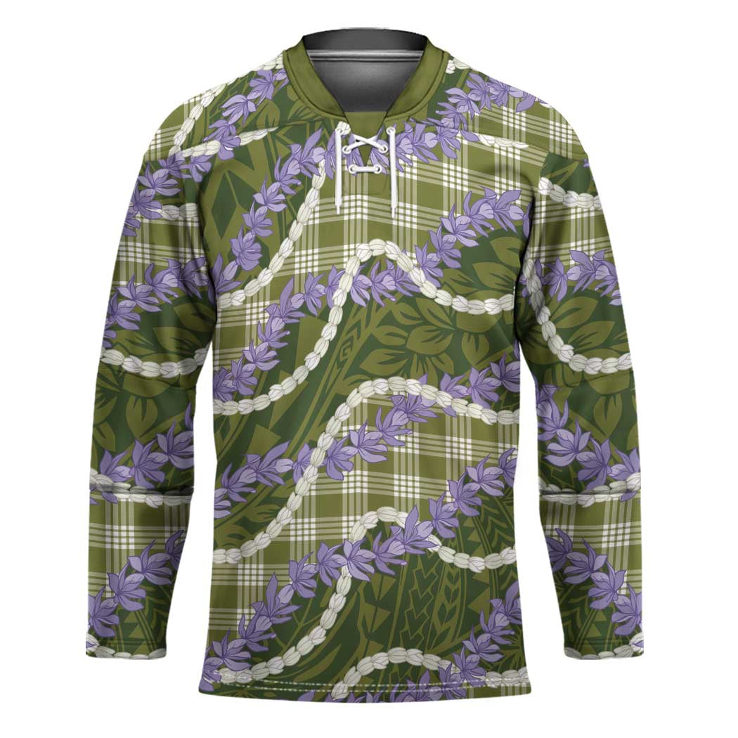 Green Hawaii Palaka Honohono Pikake Hockey Jersey Hawaiian Orchid Lei Polynesian Pattern - Polynesian Pride