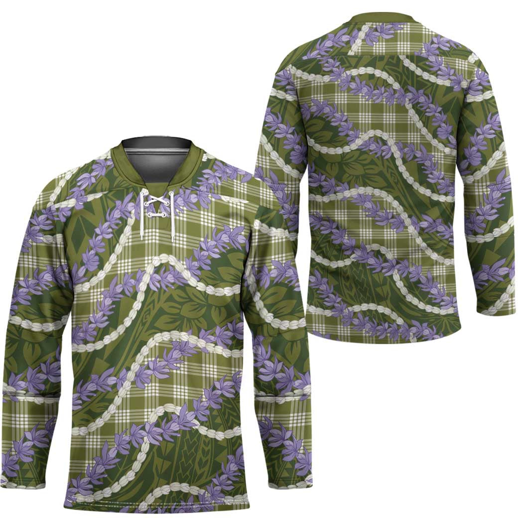 Green Hawaii Palaka Honohono Pikake Hockey Jersey Hawaiian Orchid Lei Polynesian Pattern - Polynesian Pride