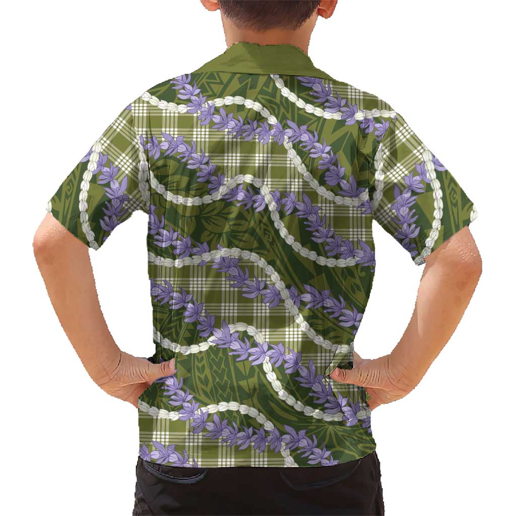 Green Hawaii Palaka Honohono Pikake Kid Hawaiian Shirt Hawaiian Orchid Lei Polynesian Pattern - Polynesian Pride