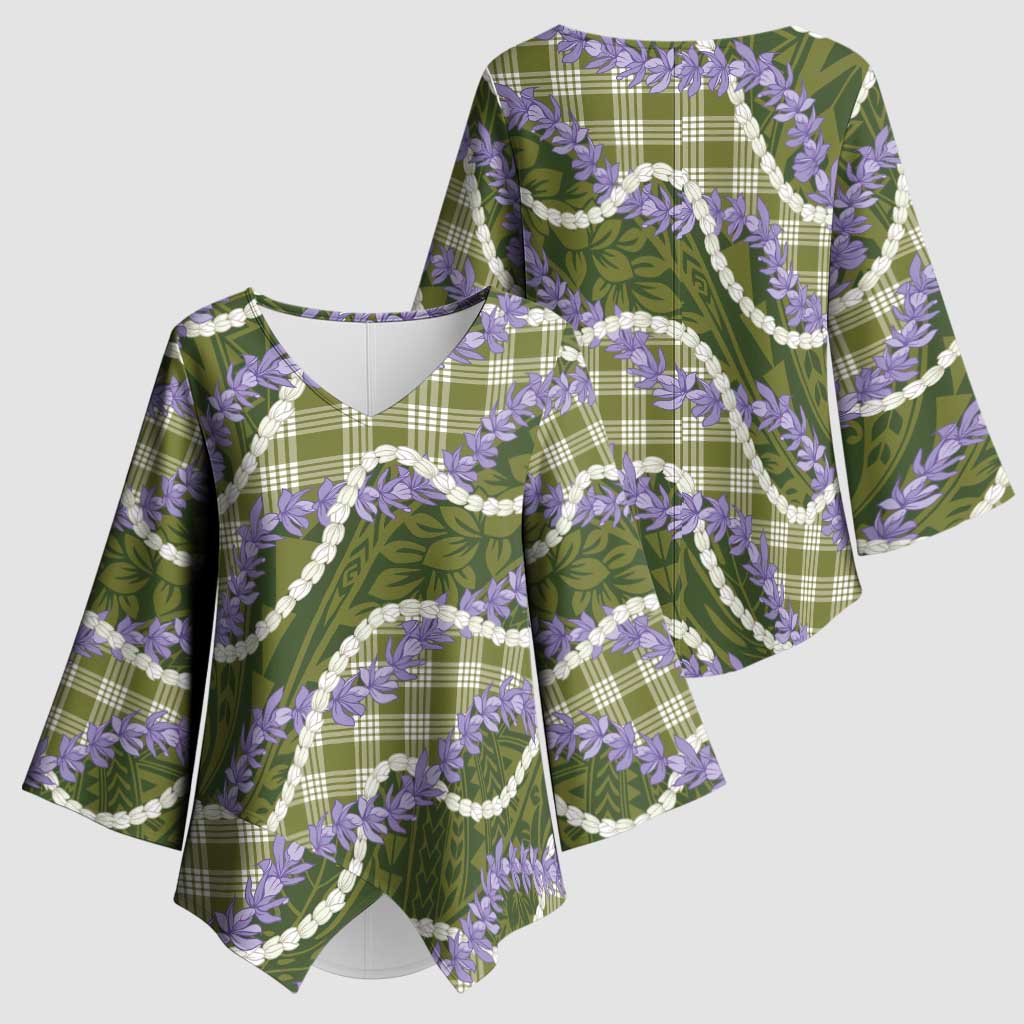 Green Hawaii Palaka Honohono Pikake Kimono Sleeve Blouse Hawaiian Orchid Lei Polynesian Pattern - Polynesian Pride