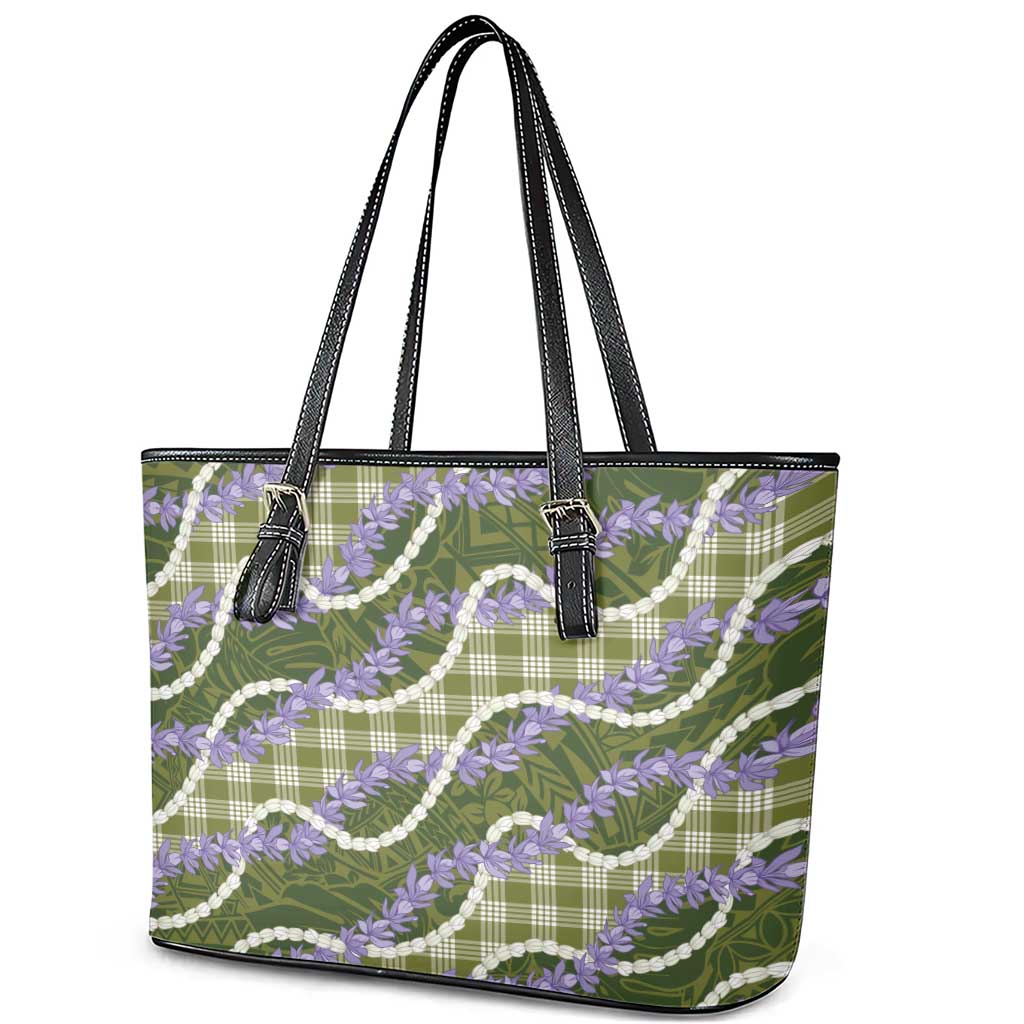 Green Hawaii Palaka Honohono Pikake Leather Tote Bag Hawaiian Orchid Lei Polynesian Pattern - Polynesian Pride
