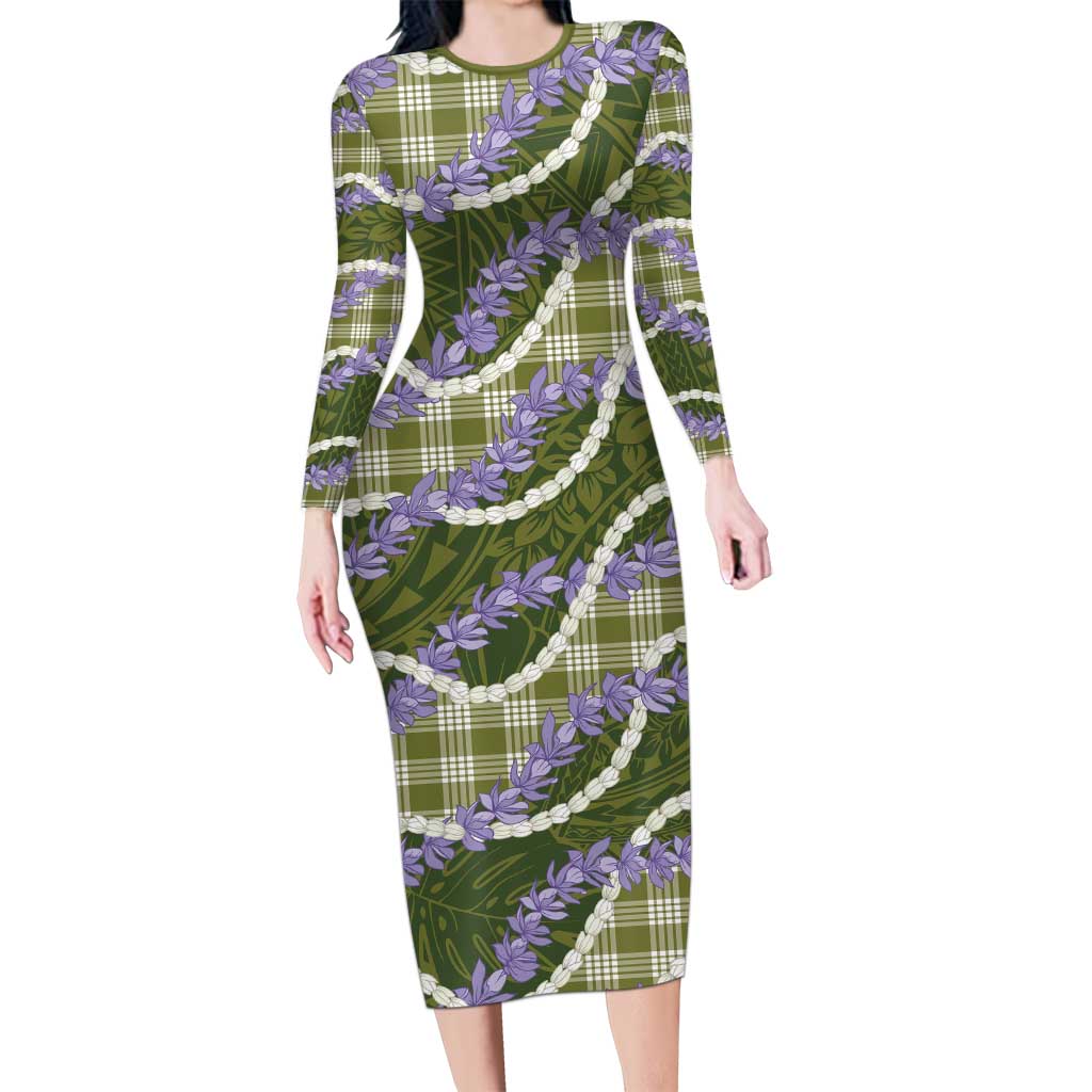 Green Hawaii Palaka Honohono Pikake Long Sleeve Bodycon Dress Hawaiian Orchid Lei Polynesian Pattern - Polynesian Pride