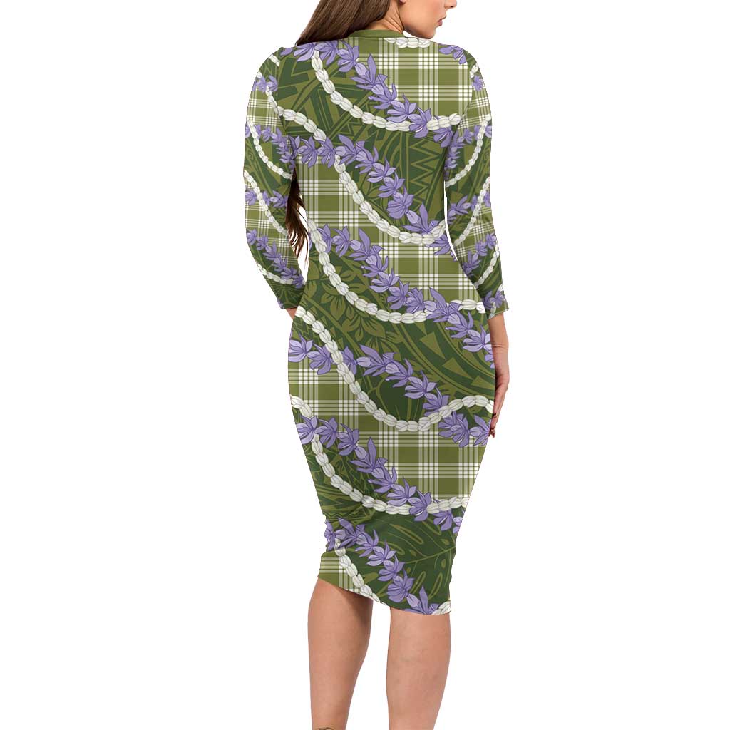 Green Hawaii Palaka Honohono Pikake Long Sleeve Bodycon Dress Hawaiian Orchid Lei Polynesian Pattern - Polynesian Pride