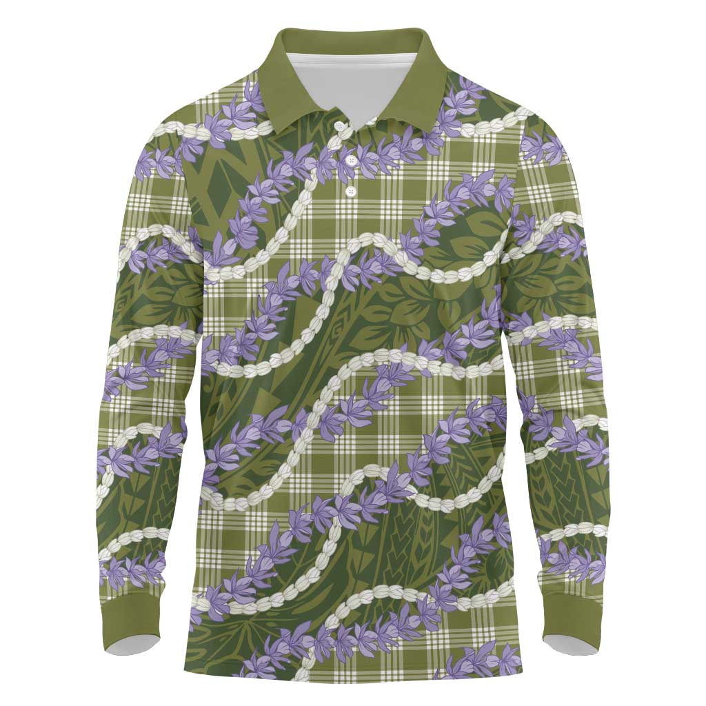 Green Hawaii Palaka Honohono Pikake Long Sleeve Polo Shirt Hawaiian Orchid Lei Polynesian Pattern - Polynesian Pride