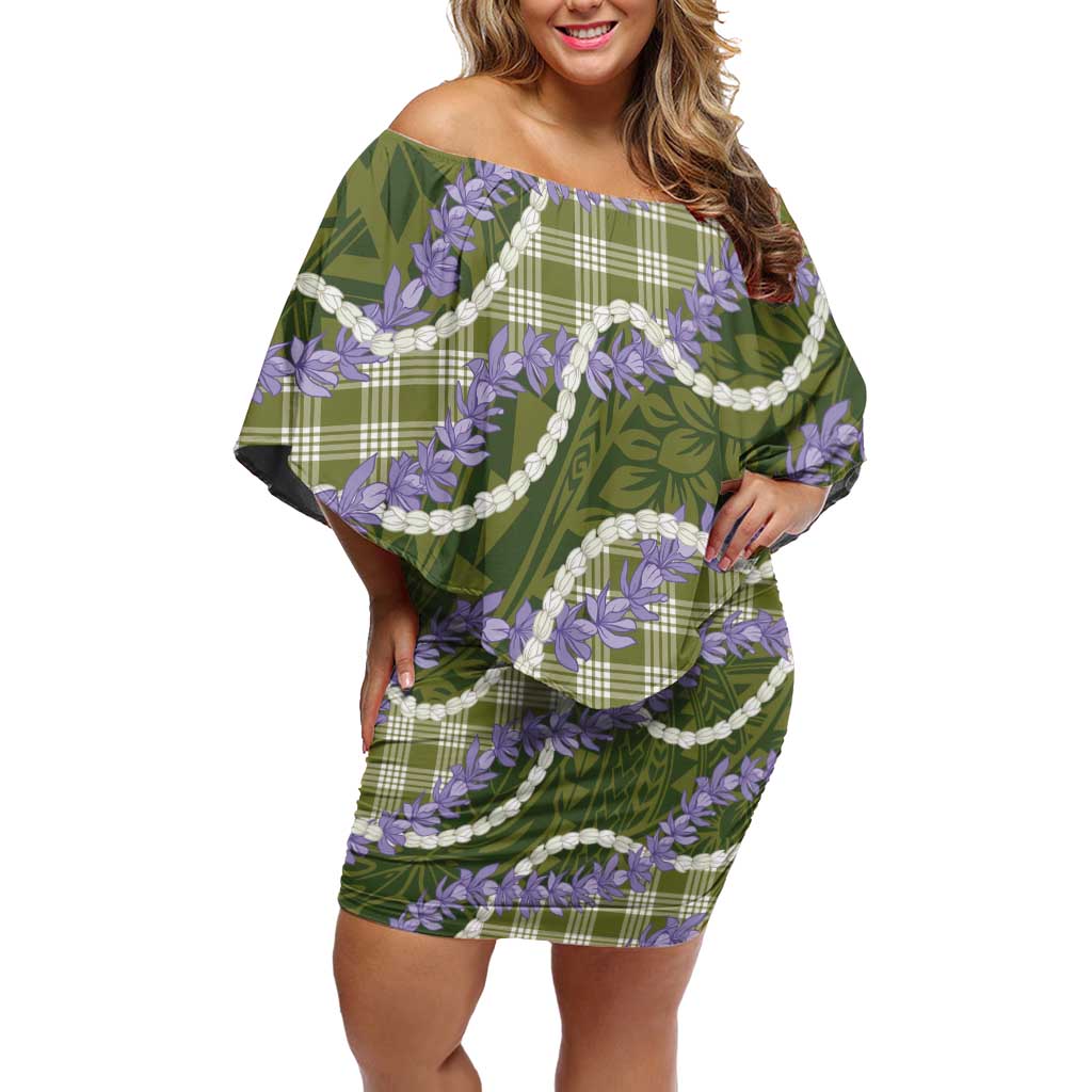 Green Hawaii Palaka Honohono Pikake Off Shoulder Short Dress Hawaiian Orchid Lei Polynesian Pattern - Polynesian Pride