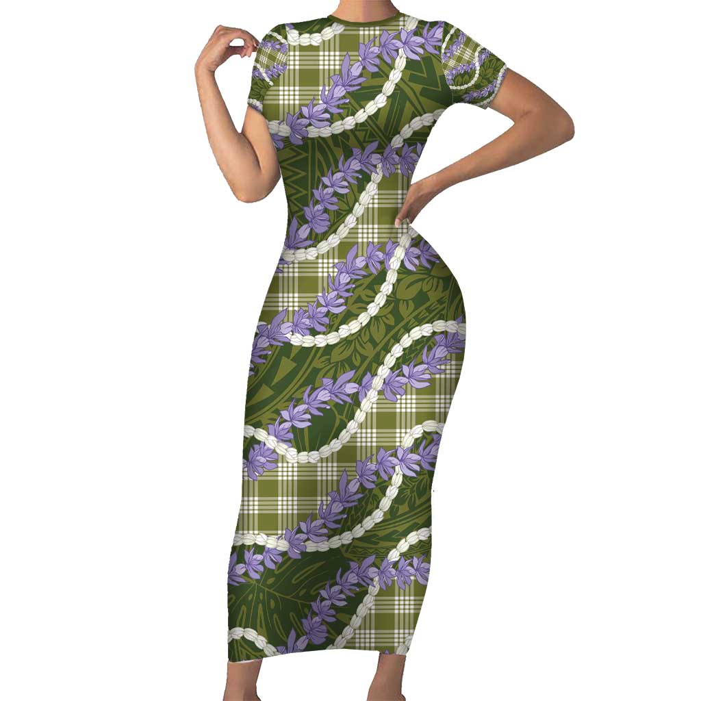 Green Hawaii Palaka Honohono Pikake Short Sleeve Bodycon Dress Hawaiian Orchid Lei Polynesian Pattern - Polynesian Pride