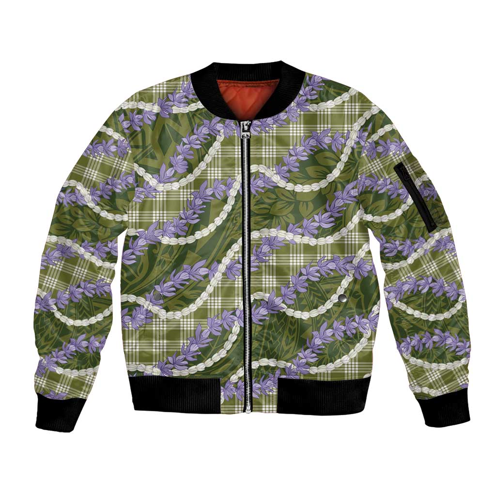 Green Hawaii Palaka Honohono Pikake Sleeve Zip Bomber Jacket Hawaiian Orchid Lei Polynesian Pattern - Polynesian Pride