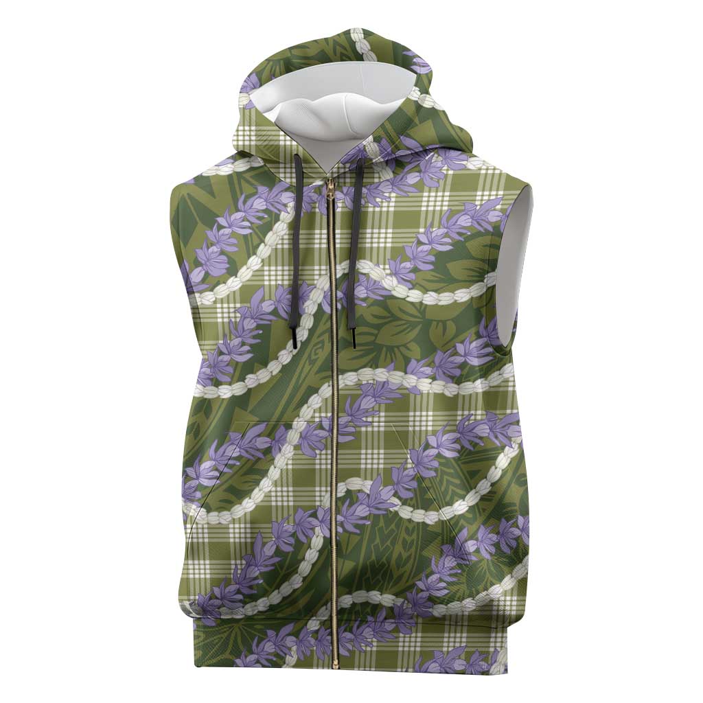 Green Hawaii Palaka Honohono Pikake Sleeveless Zip Hoodie Hawaiian Orchid Lei Polynesian Pattern - Polynesian Pride