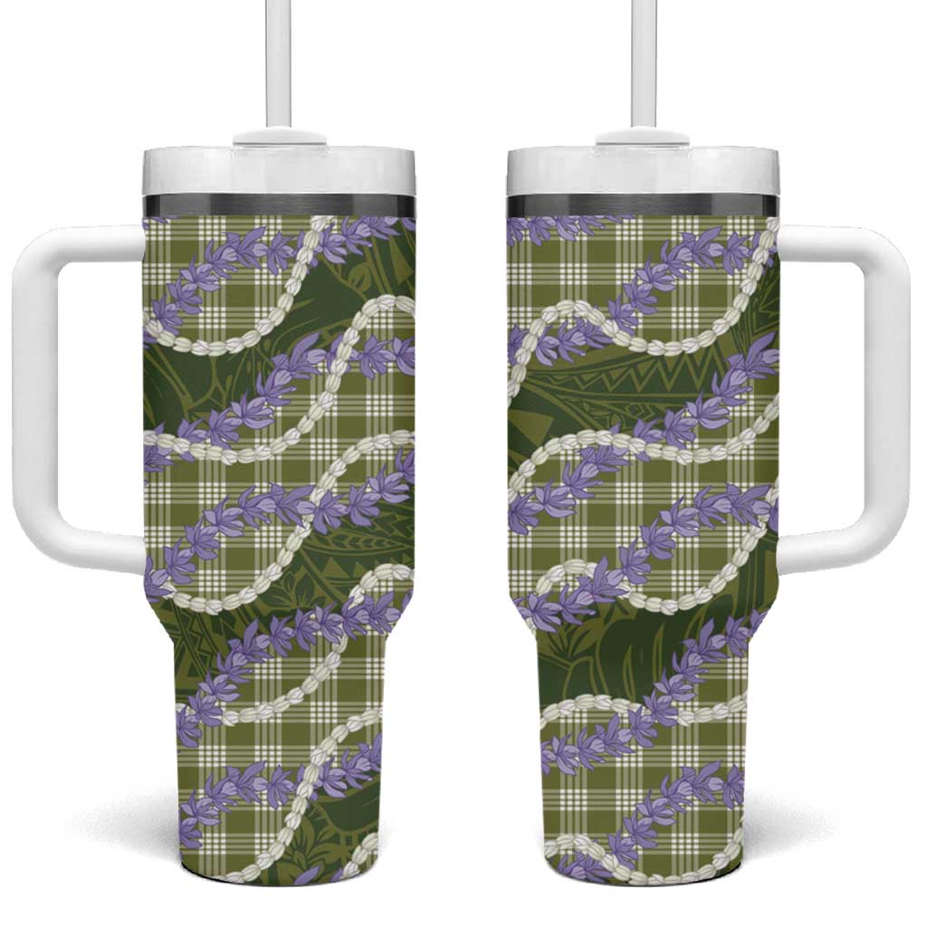 Green Hawaii Palaka Honohono Pikake Tumbler With Handle Hawaiian Orchid Lei Polynesian Pattern - Polynesian Pride