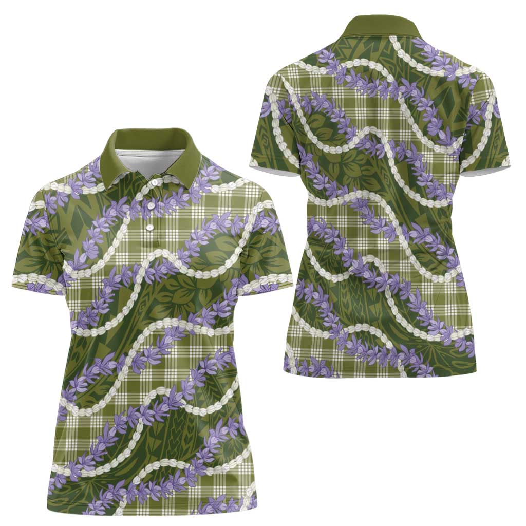 Green Hawaii Palaka Honohono Pikake Women Polo Shirt Hawaiian Orchid Lei Polynesian Pattern - Polynesian Pride