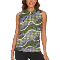 Green Hawaii Palaka Honohono Pikake Women Sleeveless Polo Shirt Hawaiian Orchid Lei Polynesian Pattern LT14 - Polynesian Pride