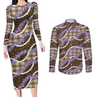 Brown Hawaii Palaka Honohono Pikake Couples Matching Long Sleeve Bodycon Dress and Long Sleeve Button Shirt Hawaiian Orchid Lei Polynesian Pattern - Polynesian Pride
