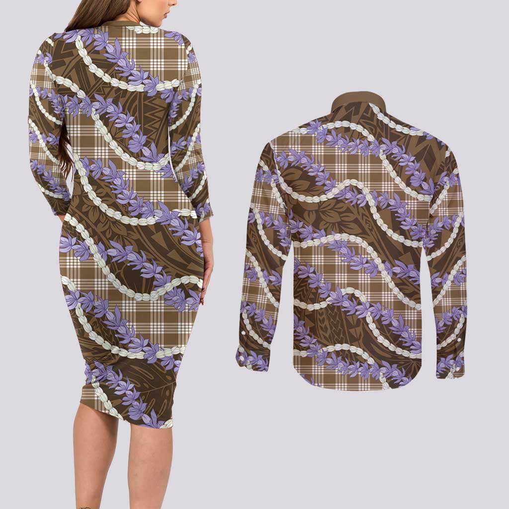 Brown Hawaii Palaka Honohono Pikake Couples Matching Long Sleeve Bodycon Dress and Long Sleeve Button Shirt Hawaiian Orchid Lei Polynesian Pattern - Polynesian Pride