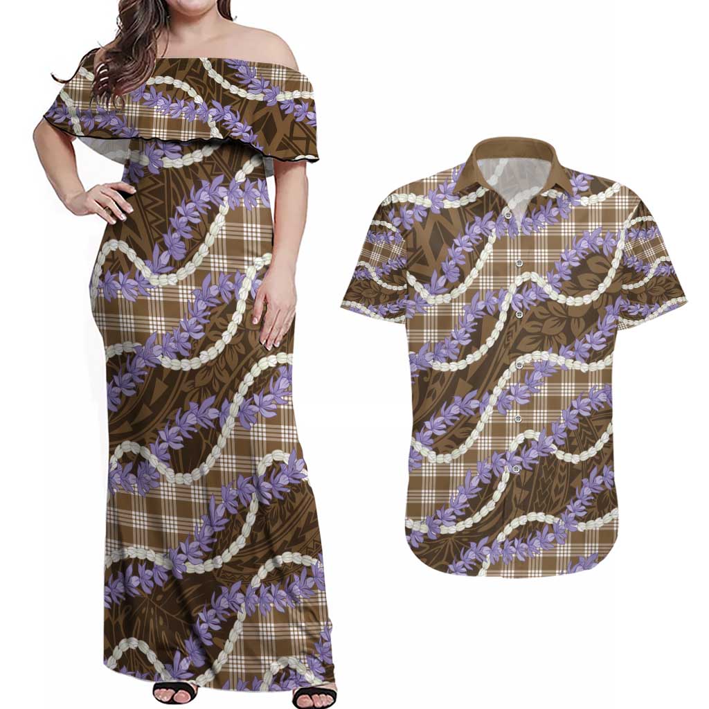Brown Hawaii Palaka Honohono Pikake Couples Matching Off Shoulder Maxi Dress and Hawaiian Shirt Hawaiian Orchid Lei Polynesian Pattern - Polynesian Pride