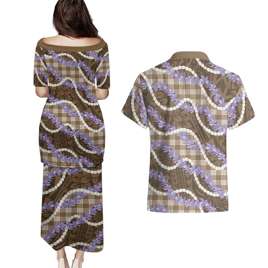 Brown Hawaii Palaka Honohono Pikake Couples Matching Puletasi and Hawaiian Shirt Hawaiian Orchid Lei Polynesian Pattern - Polynesian Pride