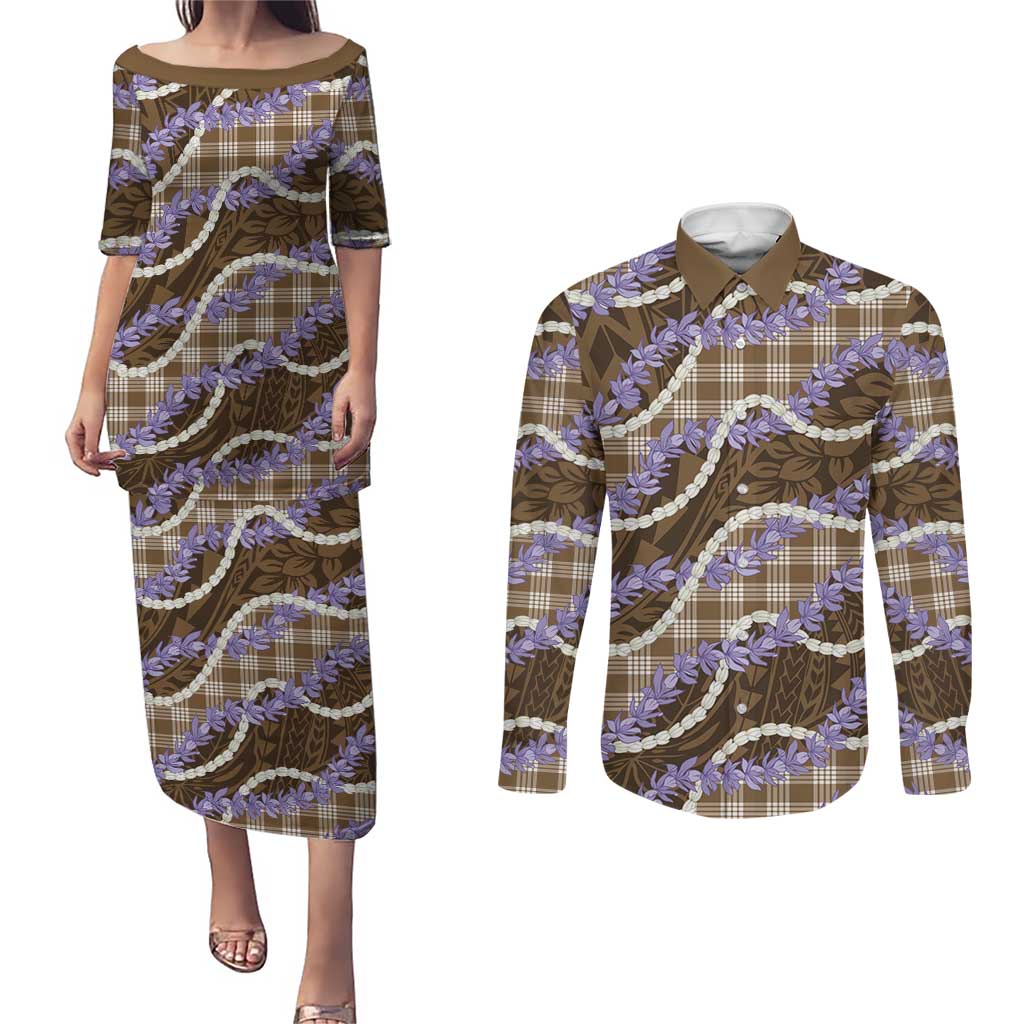 Brown Hawaii Palaka Honohono Pikake Couples Matching Puletasi and Long Sleeve Button Shirt Hawaiian Orchid Lei Polynesian Pattern - Polynesian Pride