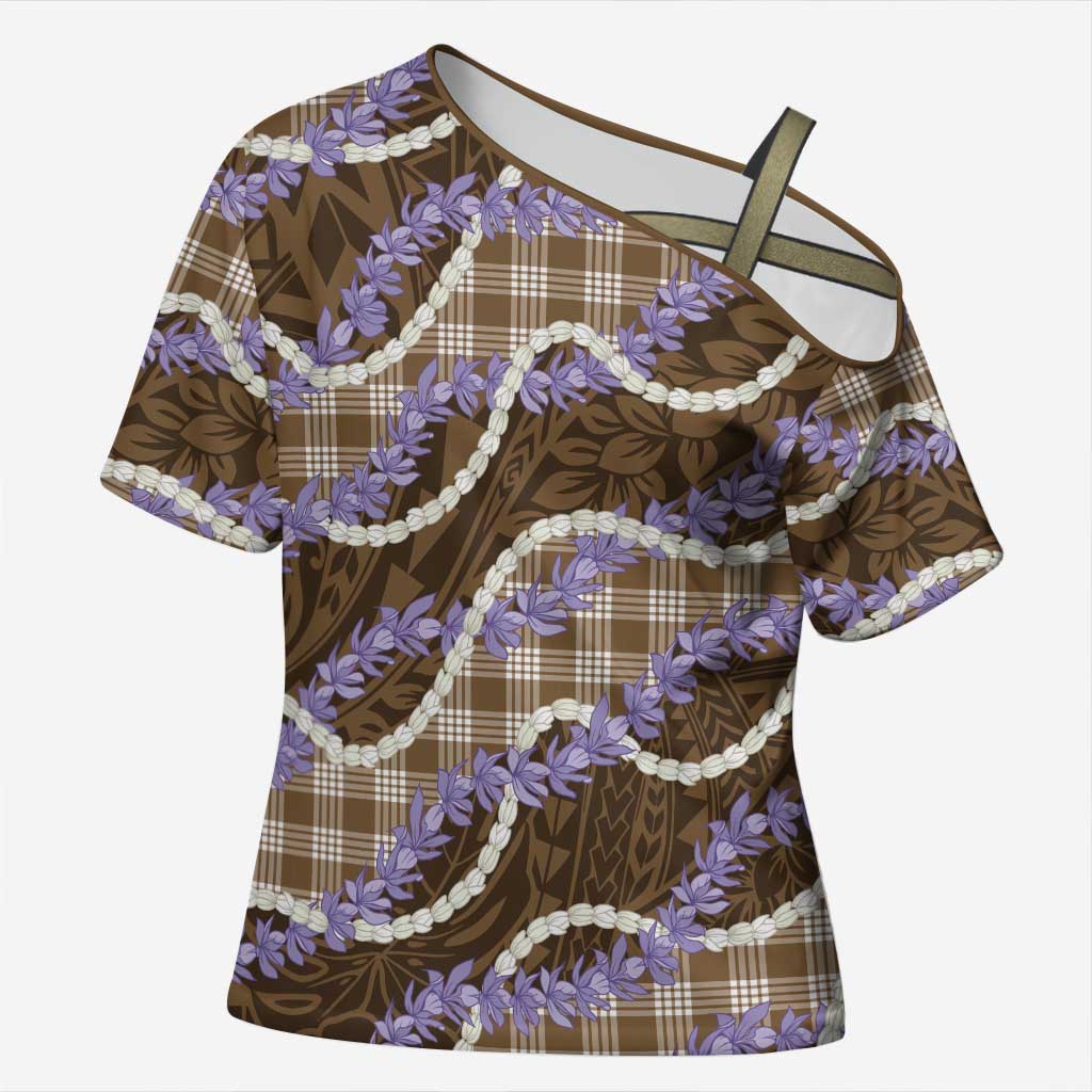 Brown Hawaii Palaka Honohono Pikake Cross Shoulder Shirt Hawaiian Orchid Lei Polynesian Pattern - Polynesian Pride