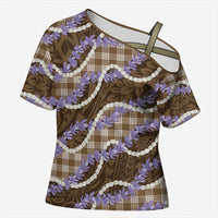 Brown Hawaii Palaka Honohono Pikake Cross Shoulder Shirt Hawaiian Orchid Lei Polynesian Pattern - Polynesian Pride